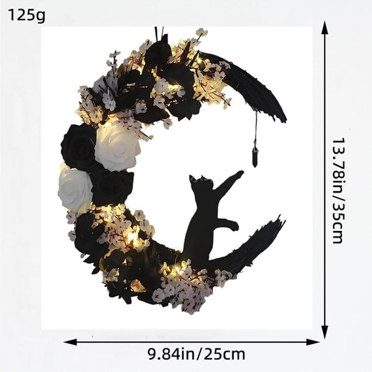 Halloween Wreaths For Front Door, Flower Moon Cat Halloween Home Decoration, Halloween Family Gathering Decoration Wreath，Outdoor, Wall, Closet, Fence, Wreath Halloween (Moon Cat - White) - PuriLite