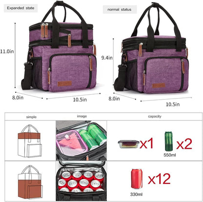 Lunch Bag Women Insulated Lunch Box for Work, Purple Expandable Large Lunch Bags, Leakproof Double Deck Lunch Box Cooler Bag（Purple）