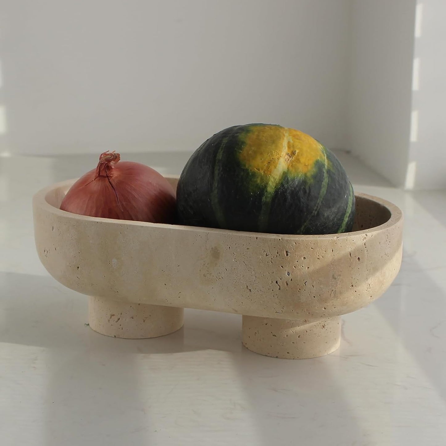 Oval Travertine Fruit Bowl | Decorative Stone Bowl | Kitchen Counter Fruit Holder | Pedestal Centerpiece Bowl | Home Décor Storage Bowl - PuriLite