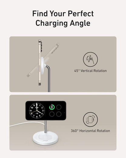 Anker MagSafe Compatible MagGo Charger Stand, iPhone 16 Wireless Charger, 2-in-1 Charging Station, Qi2 Certified 15W Max Charging, for iPhone 16/15/14/13/12, AirPods Pro (White, with 40W Adapter)