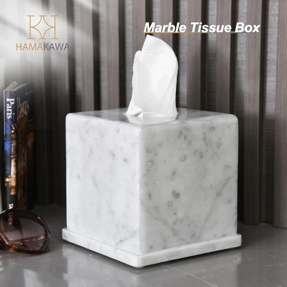 HAMAKAWA Natural Marble Tissue Box Cover, Carrara White Tissue Organizer 6 Inch, Heavy Stone Decorative Box, Square Tissue Box Holder for Home Decor, Kitchen, Bathroom, Bedroom