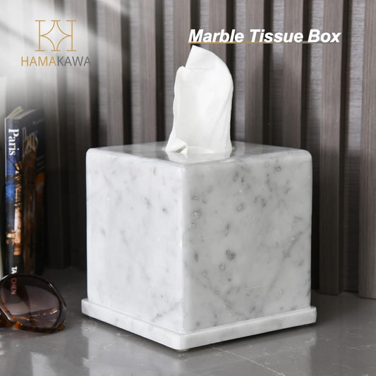 HAMAKAWA Natural Marble Tissue Box Cover, Carrara White Tissue Organizer 6 Inch, Heavy Stone Decorative Box, Square Tissue Box Holder for Home Decor, Kitchen, Bathroom, Bedroom - PuriLite