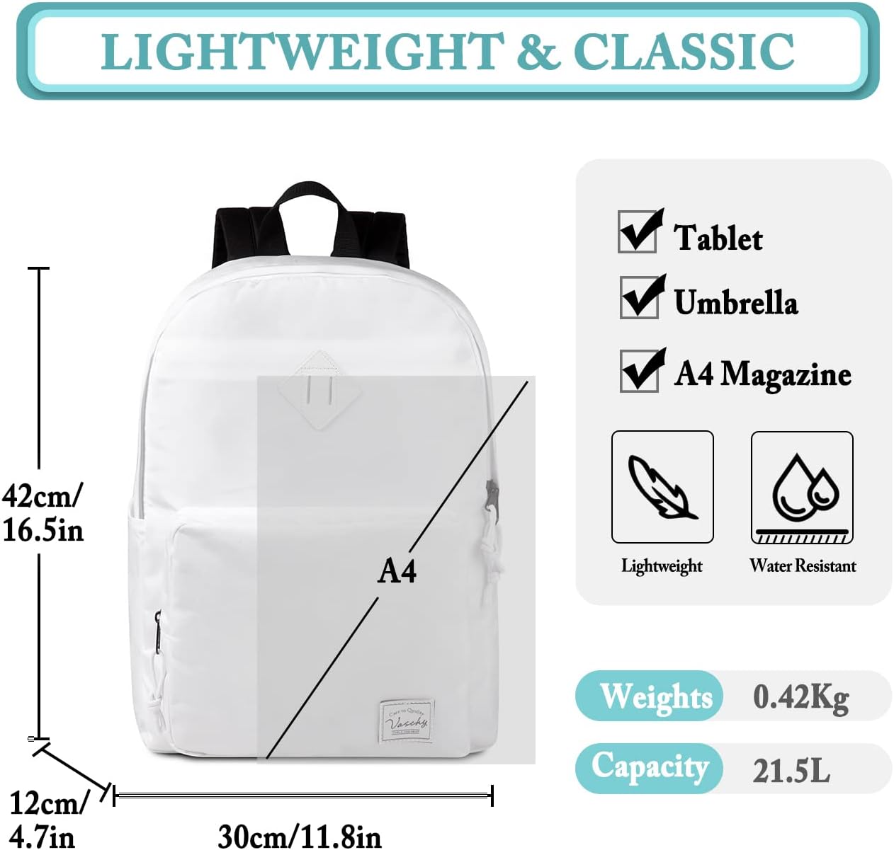 VASCHY Lightweight School Backpack for Women with Sleeve for 14" Laptop