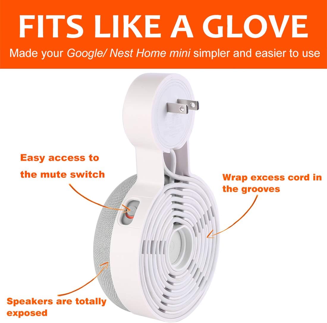 (2 Pack) Outlet Wall Mount Holder for Google Home Mini and Google Nest Mini, A Space-Saving Accessories with Cord Management for Google Mini Smart Speaker, No Messy Wires or Screws