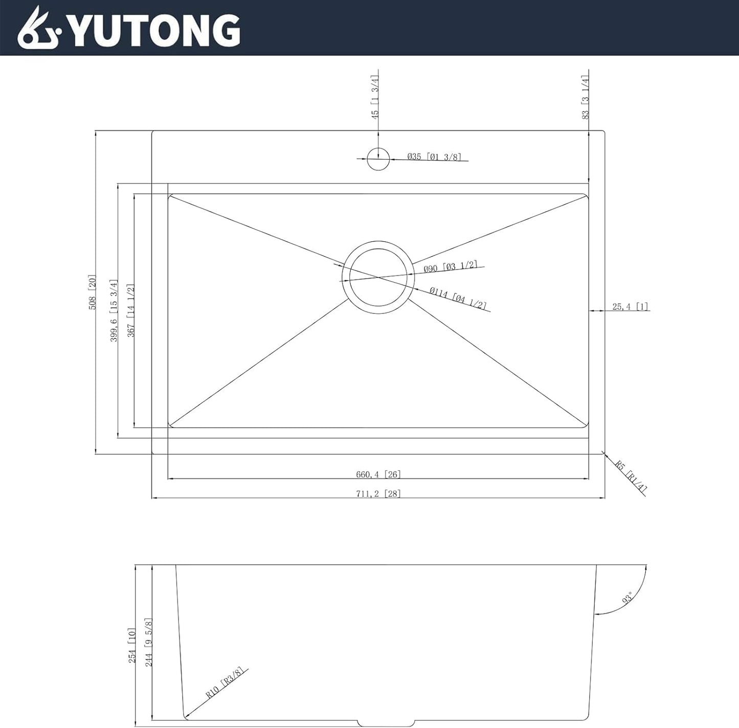 Yutong 16" x 20" Top-Mount/Drop in SS304 Stainless Steel Kitchen Black Sink Single Bowl Without Grid