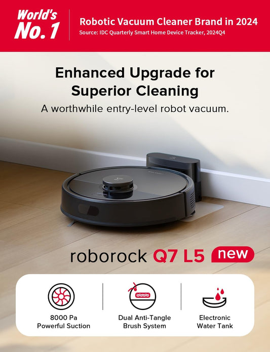 roborock Q7 L5 Robot Vacuum and Mop Combo, 8,000Pa Suction, Upgraded from Q5 Pro, Dual Anti-Tangle System, LiDAR Navigation, Multi-Level Mapping, Self-Charging Robotic Vacuum Cleaner, Black - PuriLite