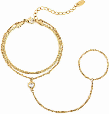 Hand Chain Ring Bracelet For Women, 14k Gold Plated Dainty Cubic Zirconia Minimalist Finger Ring Bracelet, Trendy Stuff Jewelry Gifts To Wife Girfriend Daughter Sister BBF, 17.5cm/7.5cm