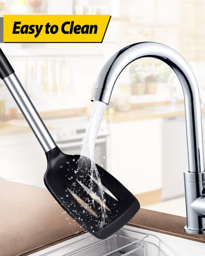 Pack of 2 Silicone Slotted Spatula,Non Stick Solid Kitchen Turner, High Heat Resistant BPA Free Cooking Utensils for Fish, Eggs, Pancakes（Black