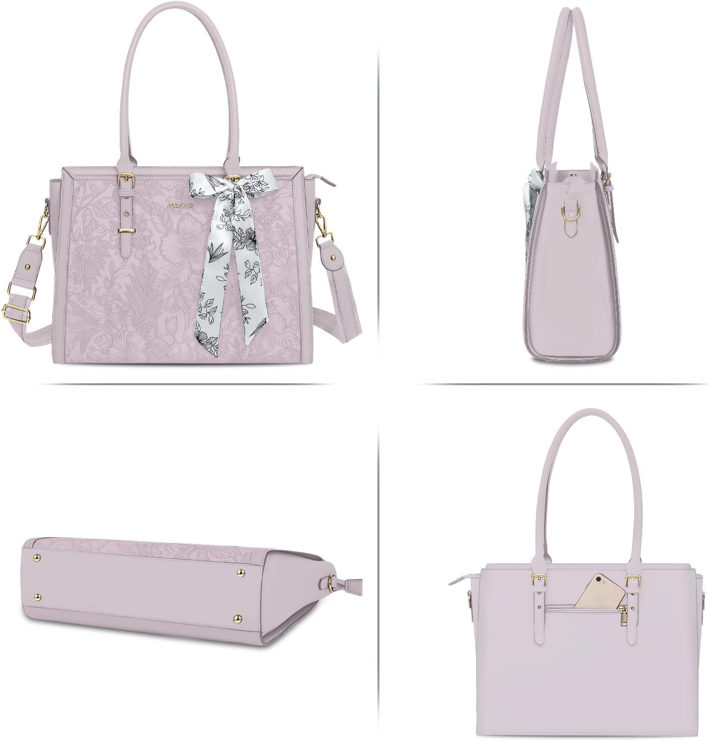 MOSISO Laptop Bag for Women, 17-17.3 inch PU Leathe Tote Bag Compatible with MacBook, HP, Dell, Asus Notebook, Front Embossed Retro Hibiscus Computer Bag with Silk Scarf&Clutch Purse, Gray - PuriLite
