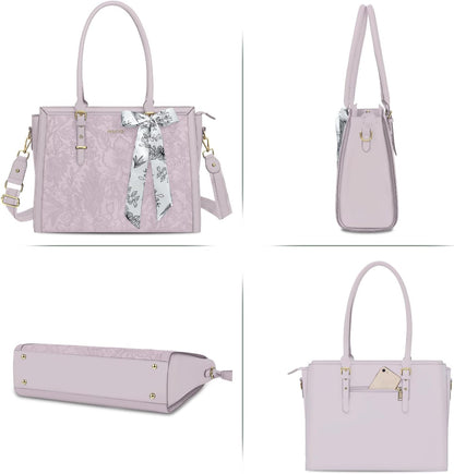 MOSISO Laptop Bag for Women, 17-17.3 inch PU Leathe Tote Bag Compatible with MacBook, HP, Dell, Asus Notebook, Front Embossed Retro Hibiscus Computer Bag with Silk Scarf&Clutch Purse, Gray - PuriLite