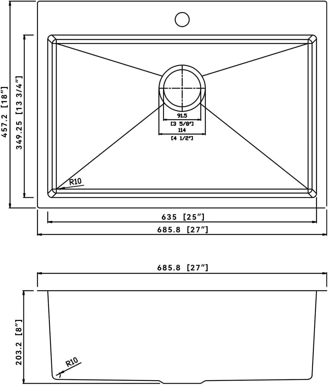 Yutong 16" x 20" Top-Mount/Drop in SS304 Stainless Steel Kitchen Black Sink Single Bowl Without Grid