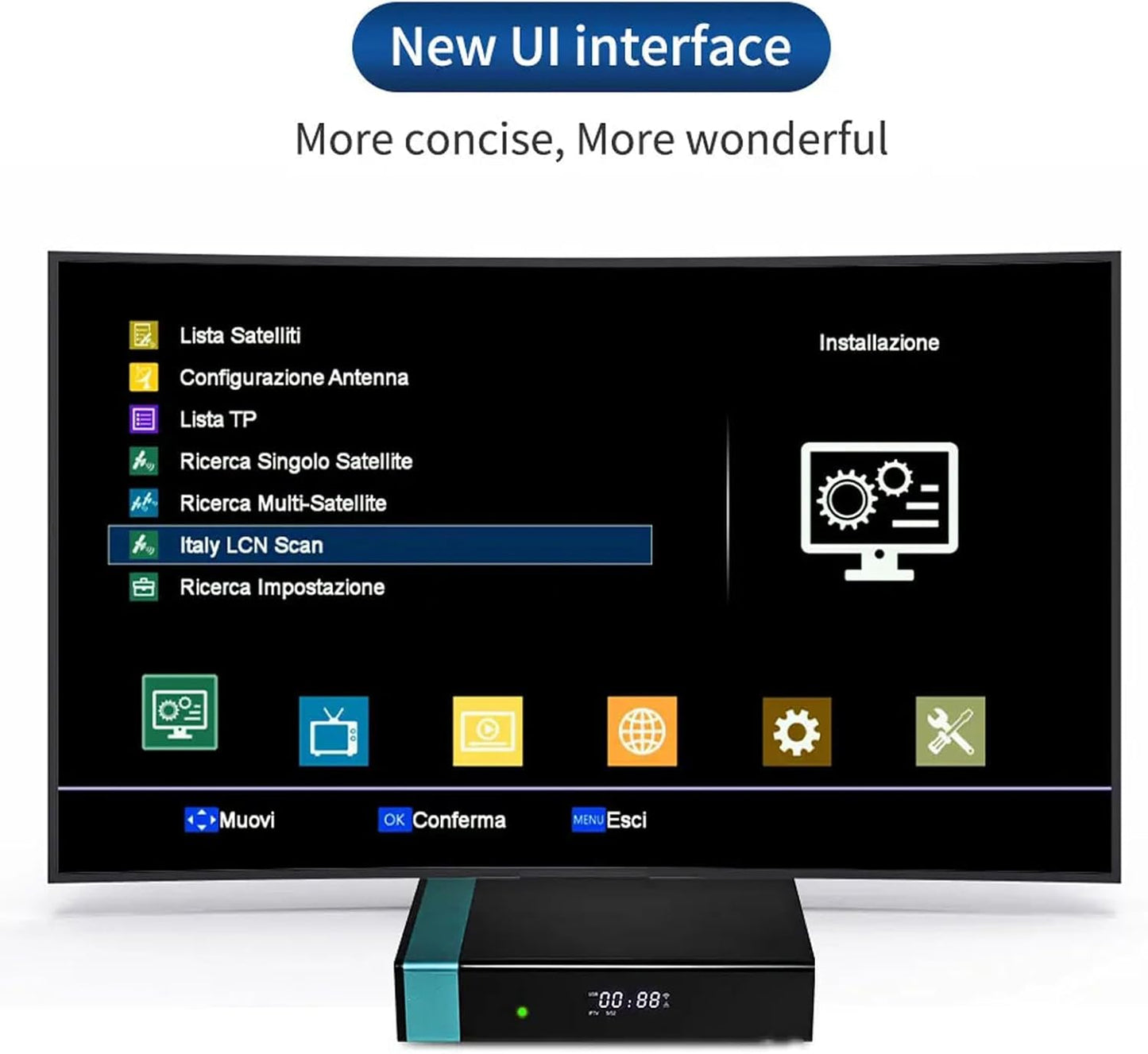 Satellite Receiver Digital TV Antenna for Smart TV VCM, ACM, Multi Stream, Biss, PowerVu, DRE, IPTV, Support, DLNA, Unicable, DiSEqC, HEVC Main 10, AVS+, 2.4G WiFi, Ethernet,