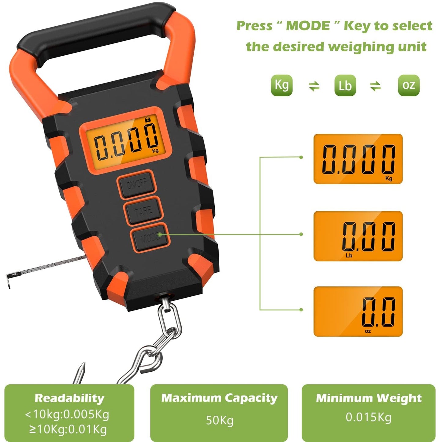 KeeKit Digital Fishing Scale with Ruler, 110lb/50kg Electronic Digital Luggage Scale, Waterproof Fishing Postal Hanging Hook Scale with Measuring Tape, Backlit LCD Display