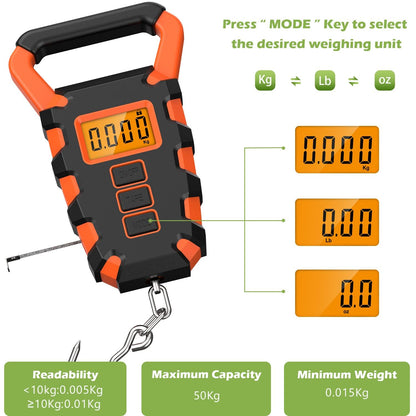 KeeKit Digital Fishing Scale with Ruler, 110lb/50kg Electronic Digital Luggage Scale, Waterproof Fishing Postal Hanging Hook Scale with Measuring Tape, Backlit LCD Display
