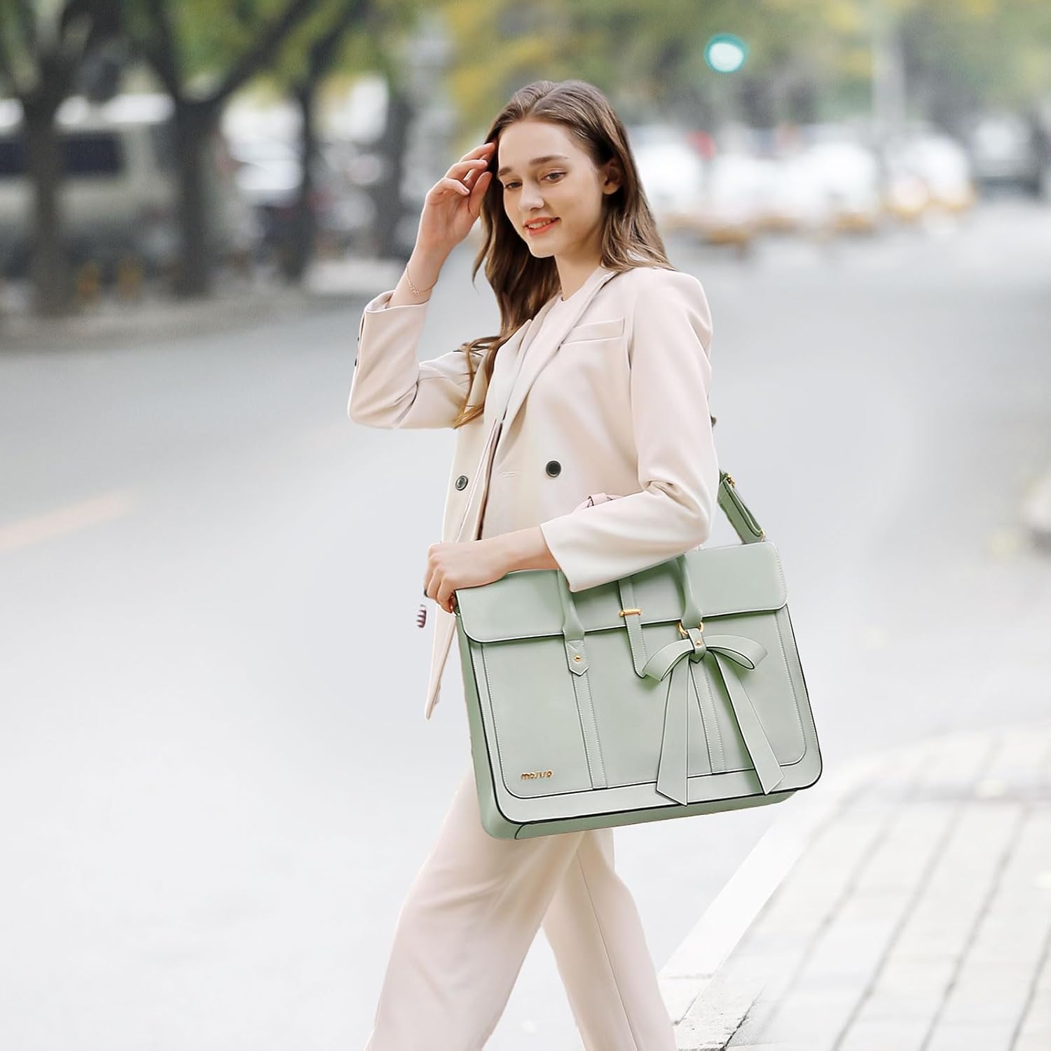 MOSISO Laptop Bag for Women, PU Leather Laptop Shoulder Bag Convertible Backpack, Work Travel Computer Bag with Bowknot - PuriLite