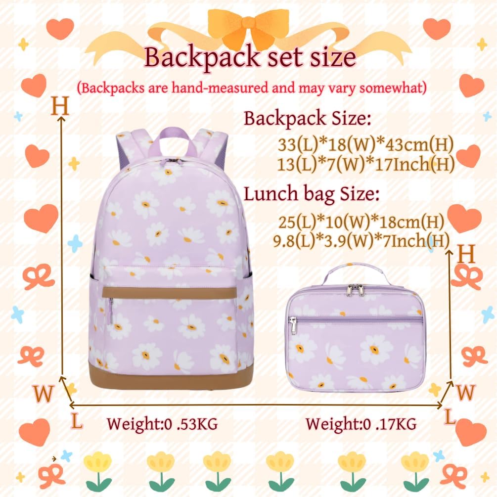 3Pcs Daisy Prints Backpack for Girls Bookbag set Primary School Daypack Elementary Students Knapsack with Lunch Box