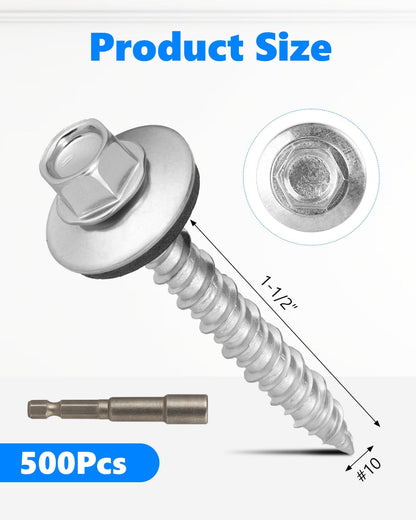 AOKLIT Hex Head Roofing Screws #10 × 1 Inch, 500Pcs Zinc Plated Self Tapping Metal Roof Screws with Rubber Washers for Metal and Corrugated Roofing Panels (Hex Socket Included)