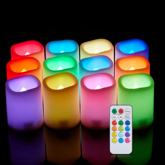 IMAGE Flameless Votive Candles, RGB & White Light LED Candles, Battery Operated, 270 Hours Long Lasting Flickering Tea Lights, Remote Timer for Christmas Halloween Decor, 1.5 x 2 Inch, 12 Pack