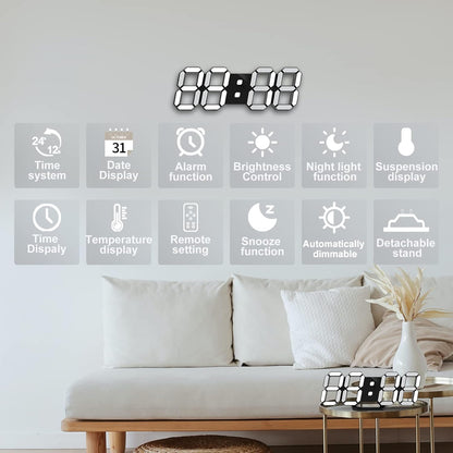 Deeyaple 3D LED Digital Wall Clock Modern Alarm Clock Adjust Brightness 12/24 Time Date Temperature Silent Snooze USB Night Light Remote Control Kitchen Bedroom Living Room Small 9.7 inch White