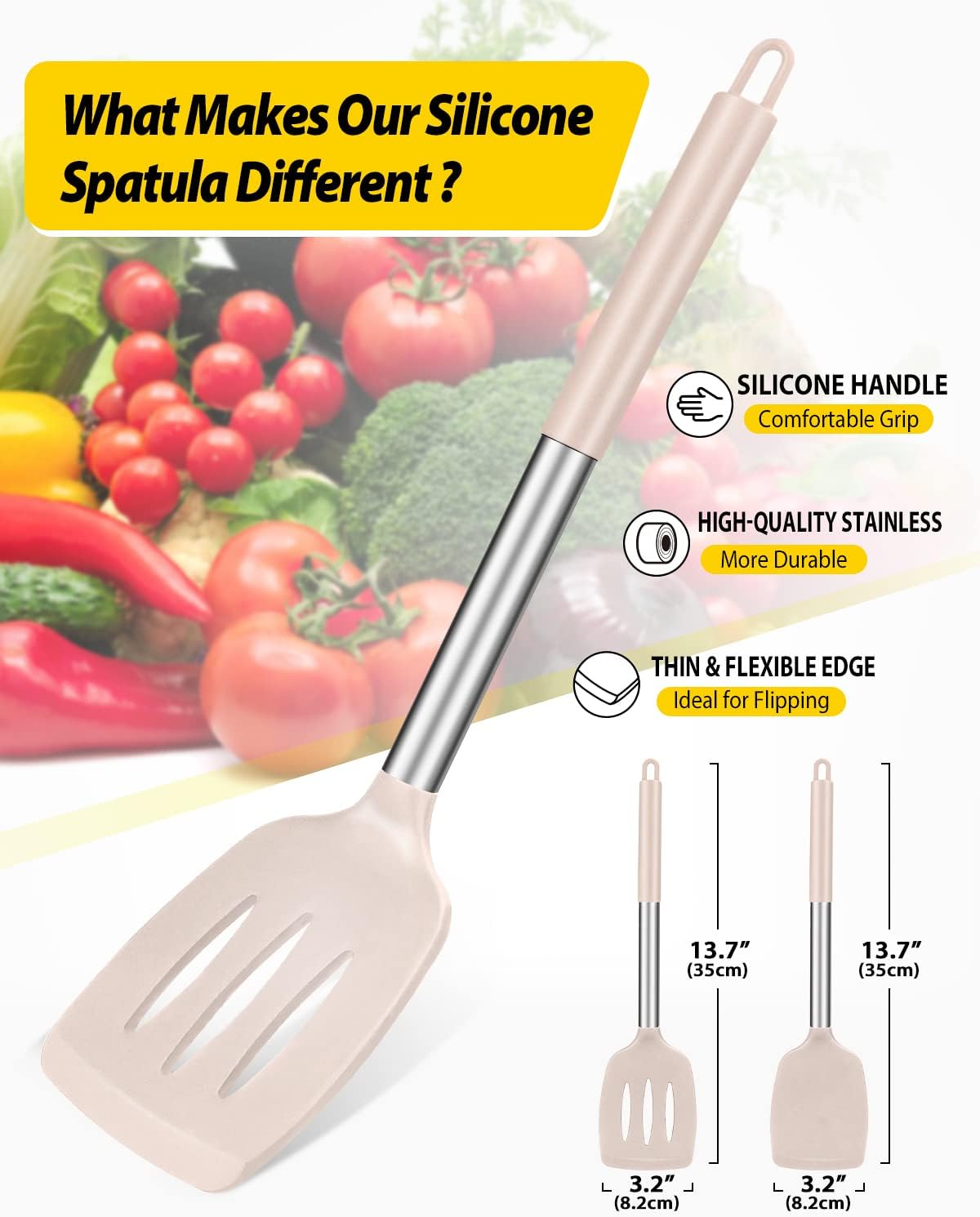 Pack of 2 Silicone Slotted Spatula,Non Stick Solid Kitchen Turner, High Heat Resistant BPA Free Cooking Utensils for Fish, Eggs, Pancakes（Black