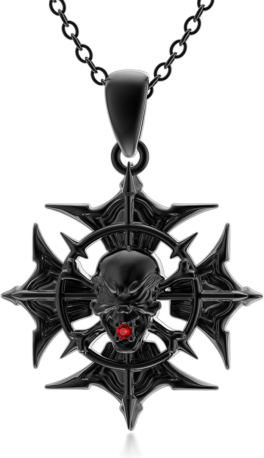 Reaii Skull Necklace, Sterling Silver, Garnet