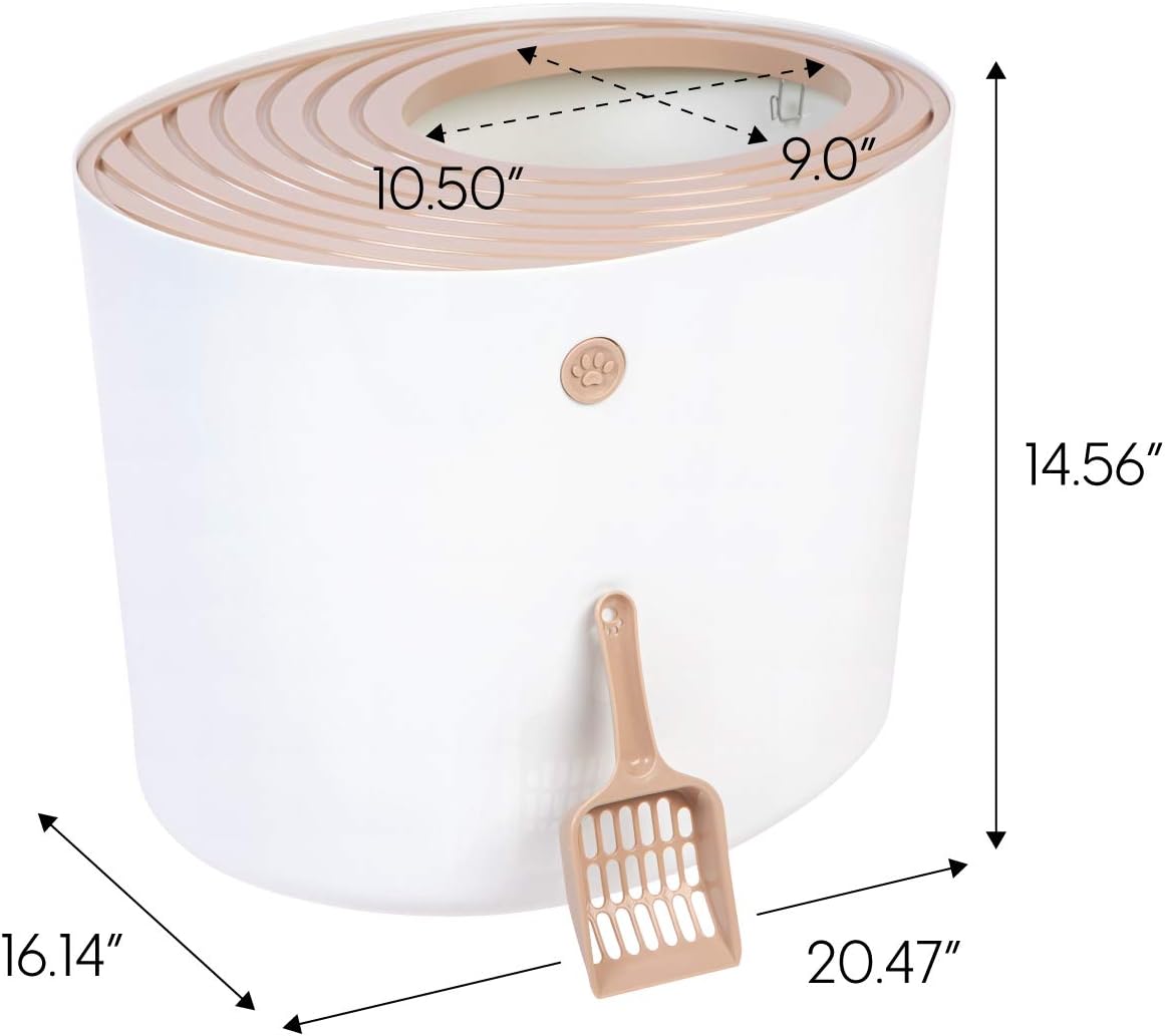 IRIS USA Top Entry Cat Litter Box with Scoop - Large - Stylish Enclosed Round Oval Kitty Dog Proof Box, Litiere Pour Chat Bac - White/Beige