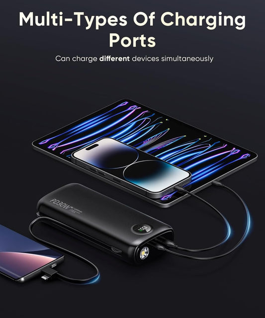 Portable Charger with Built in Cable Power Bank 40000mAh PD 30W Fast Charger Battery Pack Built-in Type-C/iOS Cable and Flashlight Compatible with iPhone Samsung Google iPad etc