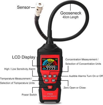 Gas Leak Detector, Portable Combustible Gas Detector, Gas Sniffer for Flammable Natural Gas Acetone Propane Benzene Ethanol Gasoline Methane LPG in RV or Home, 9999 PPM 20% LEL with LCD Color Display
