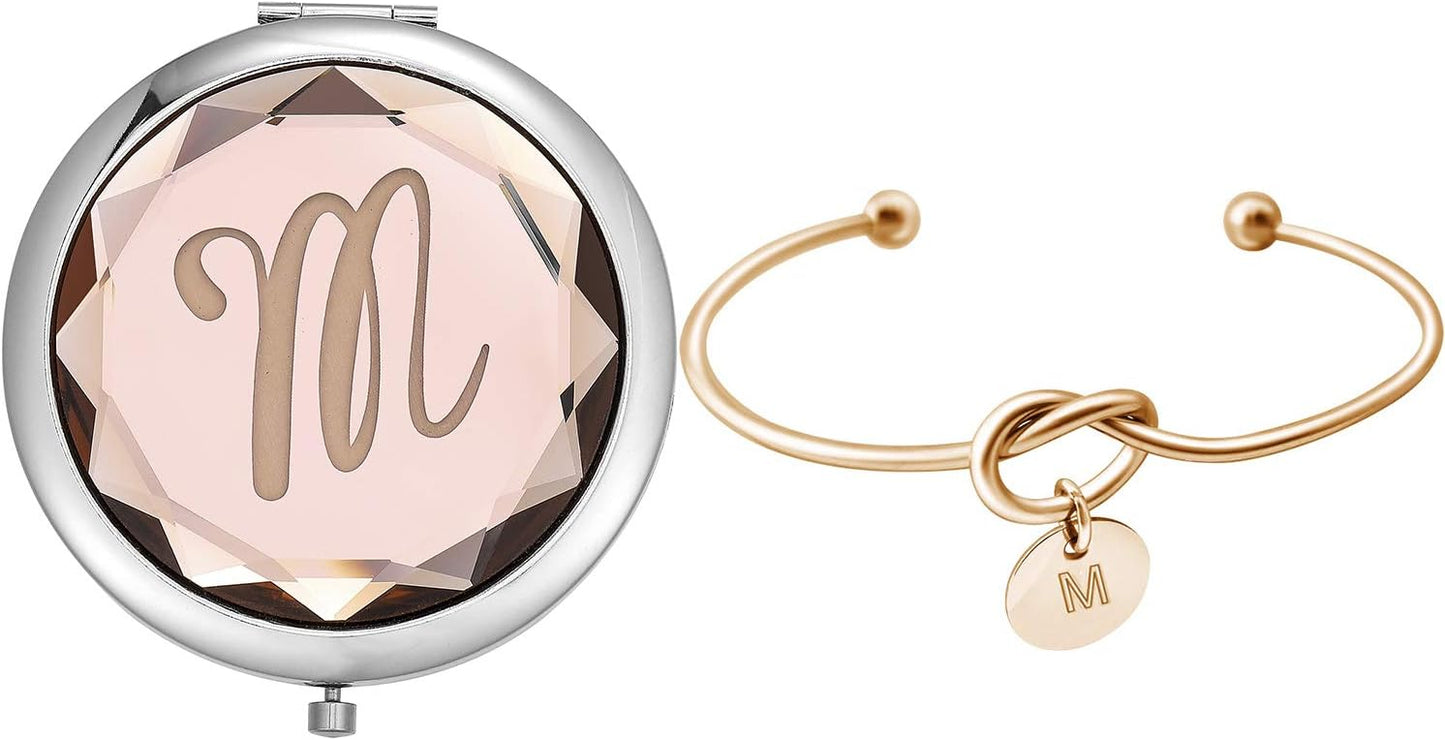 Compact Crystal Pocket Makeup Mirrors Set - Letter Mirror and Love Knot Bracelets for Bachelorette Party, Bridesmaid Proposal, Wedding Gifts (Champagne-B)