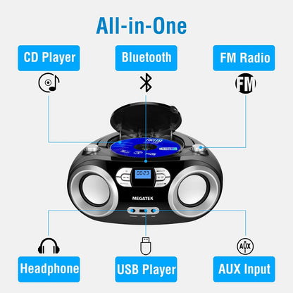 MEGATEK Portable CD Player Boombox with FM Radio, Bluetooth, USB Port, AUX Input, and Headphone Jack – CD-R/CD-RW/MP3-CD Compatible, Clear Stereo Sound, Backlit LCD Display – Black
