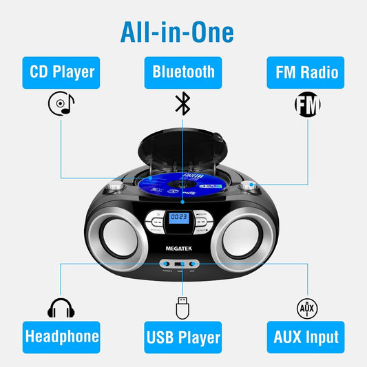 MEGATEK Portable CD Player Boombox with FM Radio, Bluetooth, USB Port, AUX Input, and Headphone Jack – CD-R/CD-RW/MP3-CD Compatible, Clear Stereo Sound, Backlit LCD Display – Black - PuriLite
