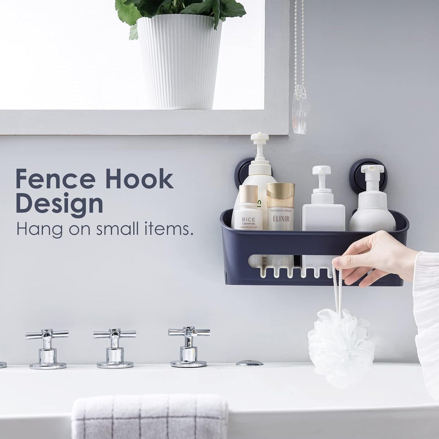 LEVERLOC Shower Caddy Suction Cup, 2 Pack Black Shower Shelf with Hooks and Soap Holder, NO-Drilling Bathroom Organizer, Rustproof Metal Bathroom Storage and Organization