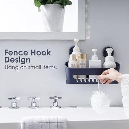 LEVERLOC Shower Caddy Suction Cup, 2 Pack Black Shower Shelf with Hooks and Soap Holder, NO-Drilling Bathroom Organizer, Rustproof Metal Bathroom Storage and Organization