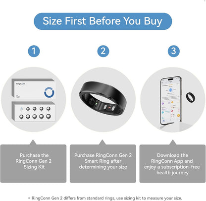 RingConn Gen 2 Smart Ring, No App Subscription, Size First with Sizing Kit, 12-Day Battery Life, Stress/Women's Health Tracker, Compatible with Android & iOS (Black, Size 8)