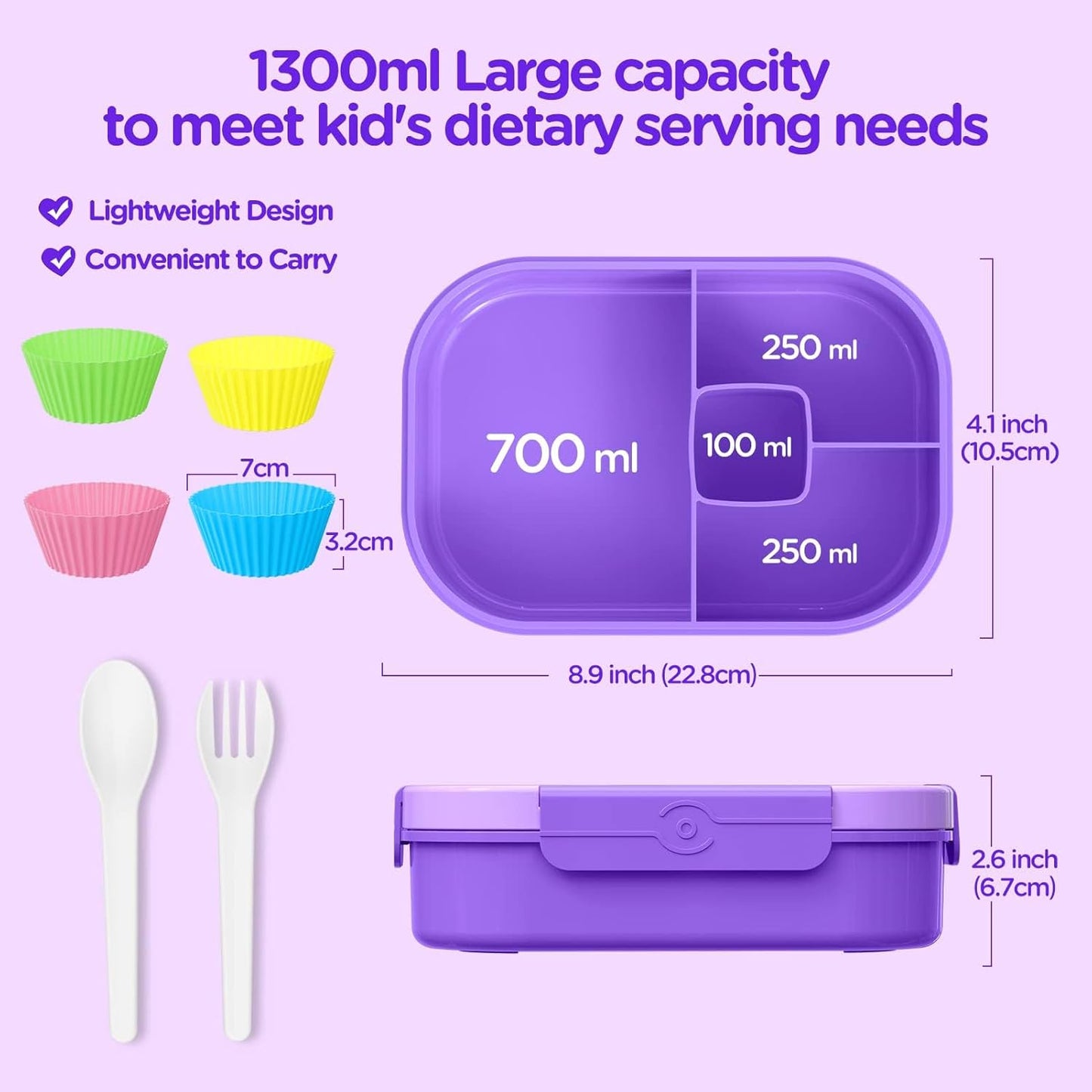 Lunch Box Kids Bento Box - 1300ML Ideal Leak Proof Bento Lunch Box for Kids School Lunchbox for Teens Toddlers Boys, Lunch Box Snack Containers with Utensil (Lunch Box-Purple)