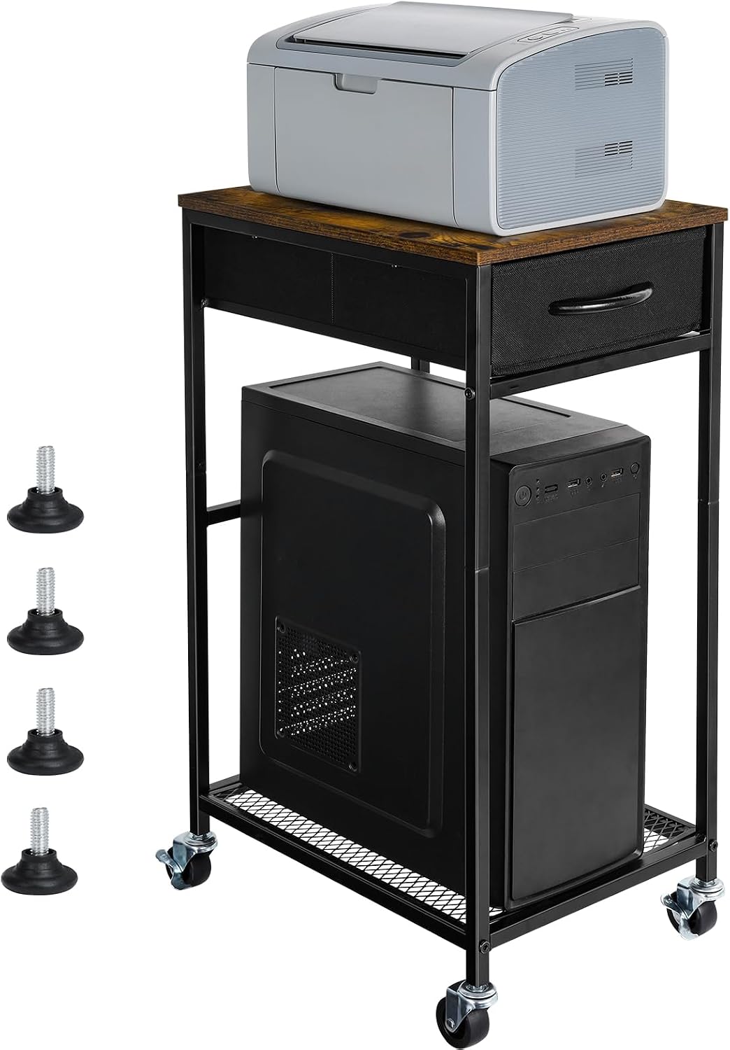Computer Tower Stand PC Tower Stand with Storage Drawer Mobile CPU Holder Stand with Caster Wheels 2 Tier Rolling Computer Tower Cart for Home Office Fax, Rustic Brown