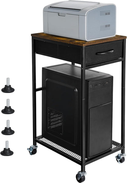 Computer Tower Stand PC Tower Stand with Storage Drawer Mobile CPU Holder Stand with Caster Wheels 2 Tier Rolling Computer Tower Cart for Home Office Fax, Rustic Brown