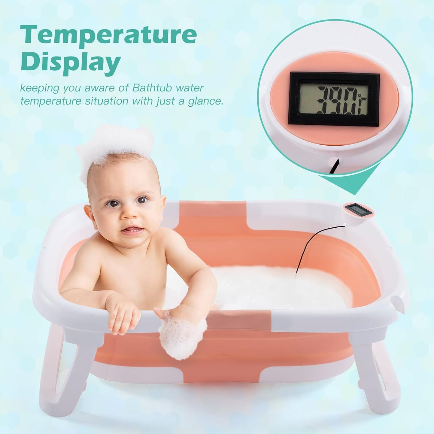 Baby BathTub, 4-in-1 Newborn to Toddler Tub with Temperature Sensor,Infant Waterproof Ear Cap and Soft Cushion included,Pink