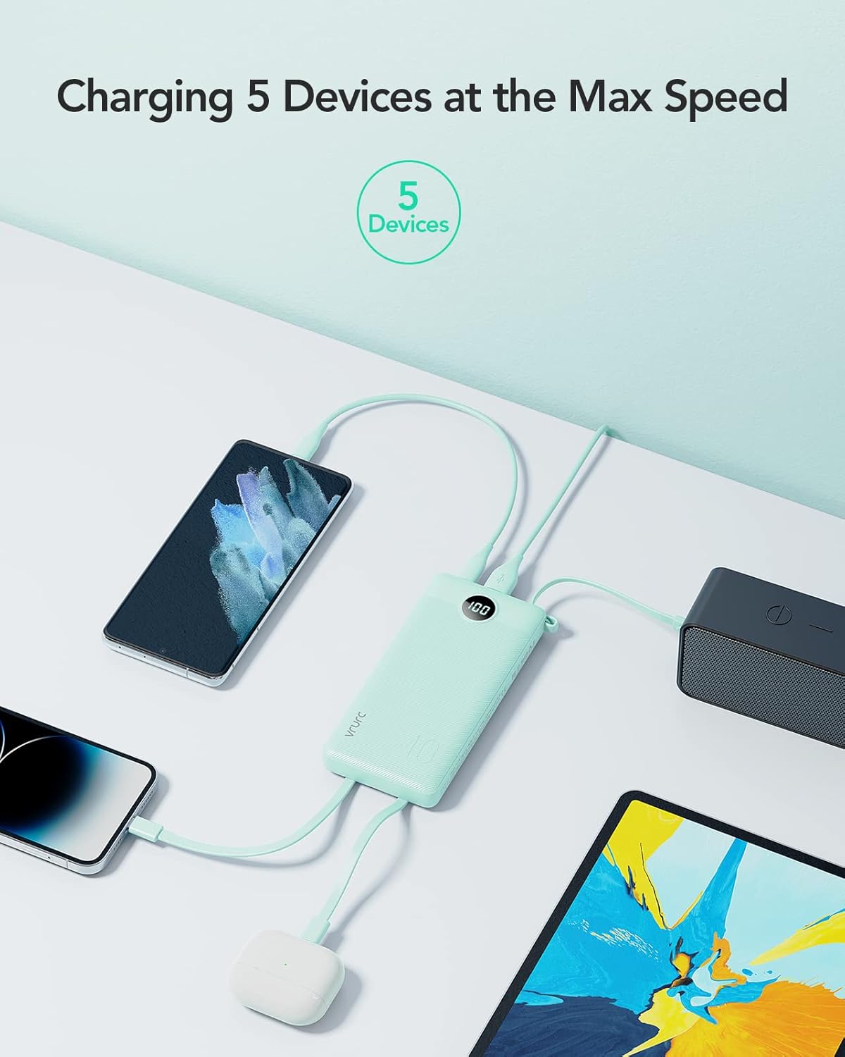 VRURC 10000mAh Power Bank Built-in Cables, Portable Charger with LED Display, Slim Intelligent Travel Battery Pack with Cords, 5 Output Dual Input Phone Charger for Cell Phone Smart Devcies-Blue