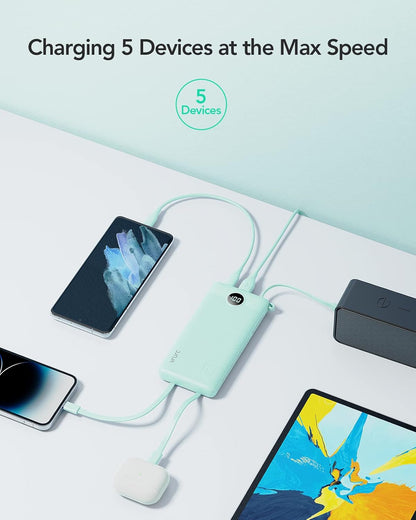 VRURC 10000mAh Power Bank Built-in Cables, Portable Charger with LED Display, Slim Intelligent Travel Battery Pack with Cords, 5 Output Dual Input Phone Charger for Cell Phone Smart Devcies-Blue