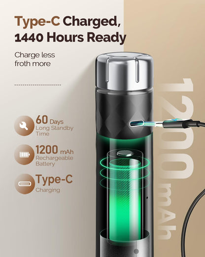 MHMF07 Rechargeable Milk Frother with Stepless Speed Control, LunaFro Max Handheld Electric Foam Maker Waterproof Drink Mixer Foamer for Lattes, Cappuccino (Black)
