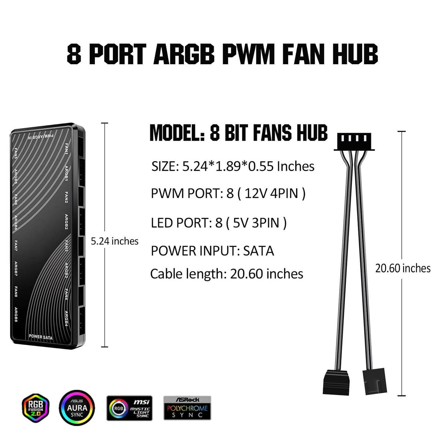 ARGB PWM Fan Hub, Addressable 5V-3PIN ARGB 12V 4PIN PWM 2-in-1 RGB Case Fan Hub SATA Power Input, 9 Fan Port and 9 LED Port, PC Fan hub Support 9 Computer ARGB PWM Fans Splitter
