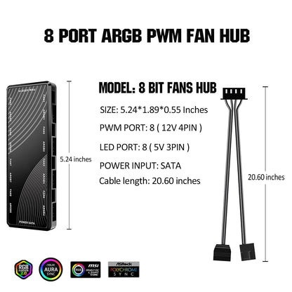 ARGB PWM Fan Hub, Addressable 5V-3PIN ARGB 12V 4PIN PWM 2-in-1 RGB Case Fan Hub SATA Power Input, 9 Fan Port and 9 LED Port, PC Fan hub Support 9 Computer ARGB PWM Fans Splitter