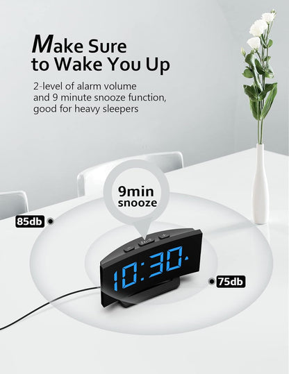 GOLOZA Digital Alarm Clock for Bedrooms, Modern Curved Design, Conspicuous Blue LED Numbers, 6 Levels Brightness, 3 Alarm Tones,2 Volume, Snooze, Power-Off Memory, 12/24H, Bedside Clock
