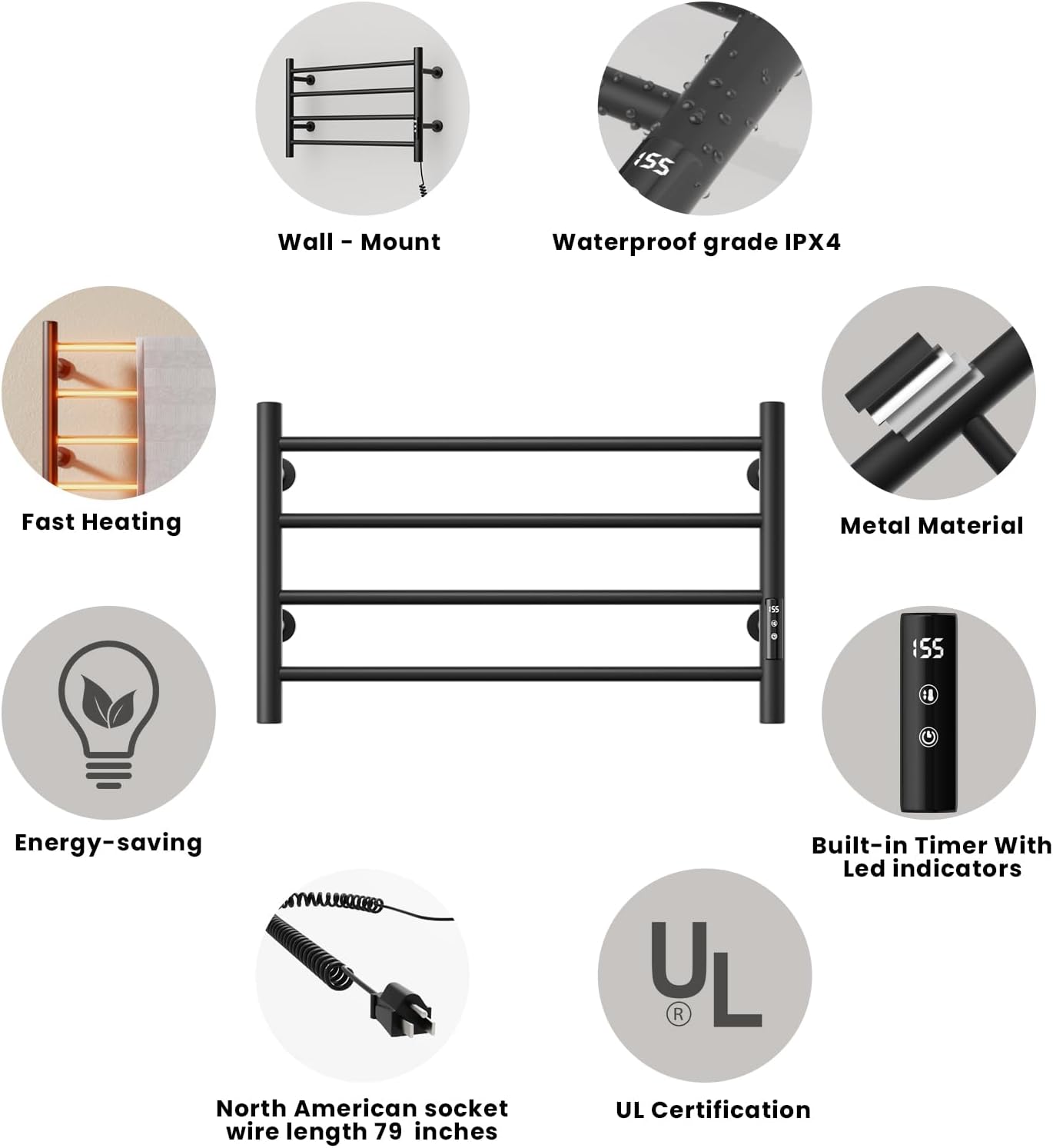 POPFLY Heated Towel Rack, Wall Mounted Electric Hot Towel Warmer, 4-Bar 304 Stainless Steel Small Heated Towel Warmer Rack for Bathroom with Timer and Temperature Control, Brushed