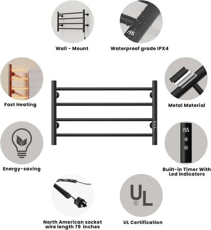 POPFLY Heated Towel Rack, Wall Mounted Electric Hot Towel Warmer, 4-Bar 304 Stainless Steel Small Heated Towel Warmer Rack for Bathroom with Timer and Temperature Control, Brushed