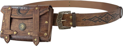 HiiFeuer 3PCs Medieval Alchemy Faux Leather Belt Bag Set with 5 Cork Potion Vials, Fantasy Embossed Wizard Halloween Belt(Brown A)