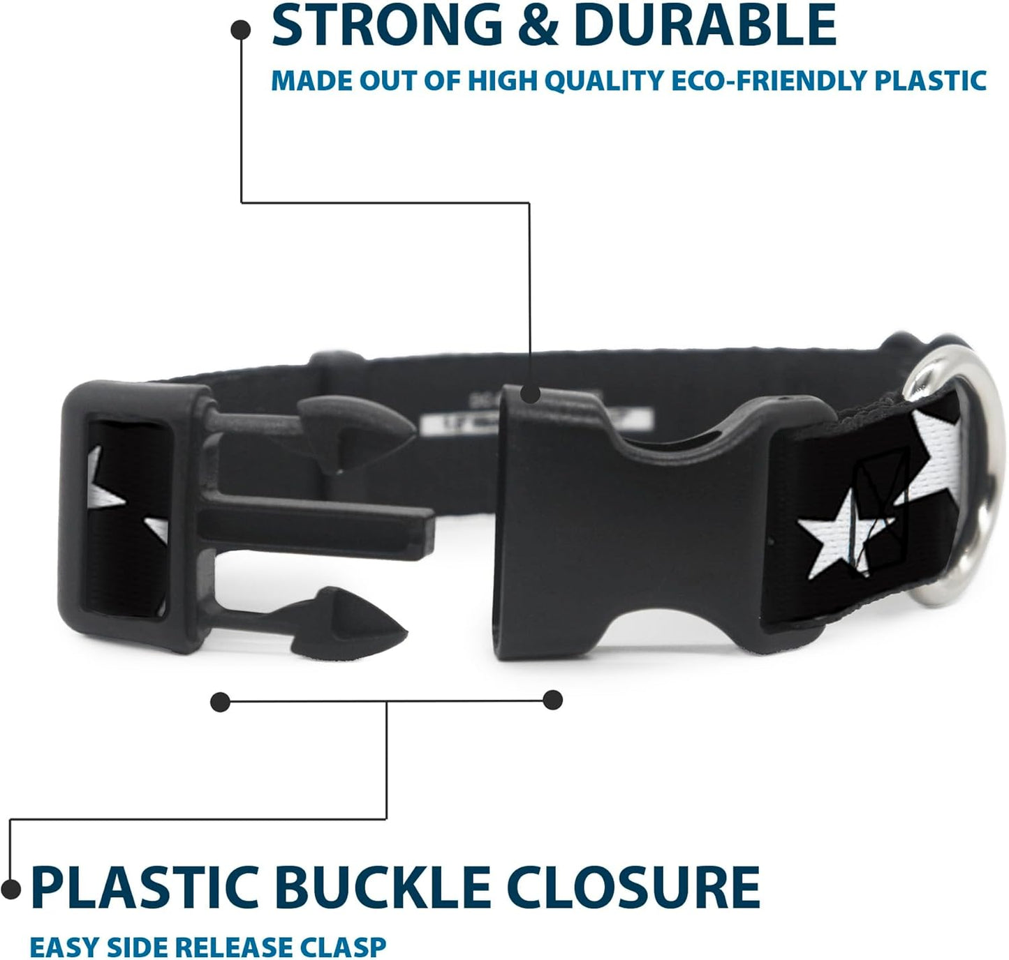 Buckle-Down PC-W21909-M Dog Collar Plastic Clip Buckle, 1"x11"-17", Star Black/White