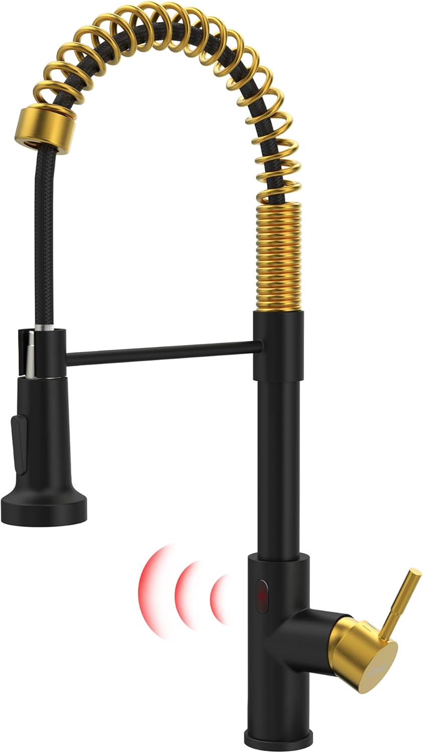 GIMILI Touchless Spring Kitchen Faucet with Pull Down Sprayer, Single Handle Motion Sensor Activated Hands-Free Kitchen Sink Faucet, Single Hole Smart Kitchen Faucet, Solid Brass, Matte Black