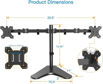 HUANUO Dual Monitor Stand for 13 to 32 Inch Screens, Free Standing Monitor Arm for 2 Screens Holds up to 17.6lbs, Fully Adjustable Dual Monitor Mount with Tilt, Swivel, Rotation, Max VESA 100x100 mm